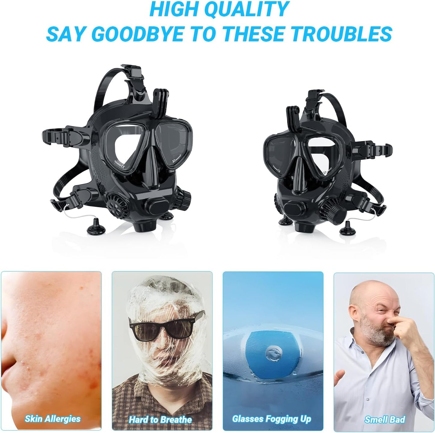 Full Face Dive Mask Support Diving & Snorkeling, Full Face Snorkel Mask Adjustable Scuba Mask with Camera Mount Provide 180° View Panoramic Compatiable with SMACO 1L/1.9L Mini Scuba Tanks