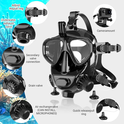 Full Face Dive Mask Support Diving & Snorkeling, Full Face Snorkel Mask Adjustable Scuba Mask with Camera Mount Provide 180° View Panoramic Compatiable with SMACO 1L/1.9L Mini Scuba Tanks