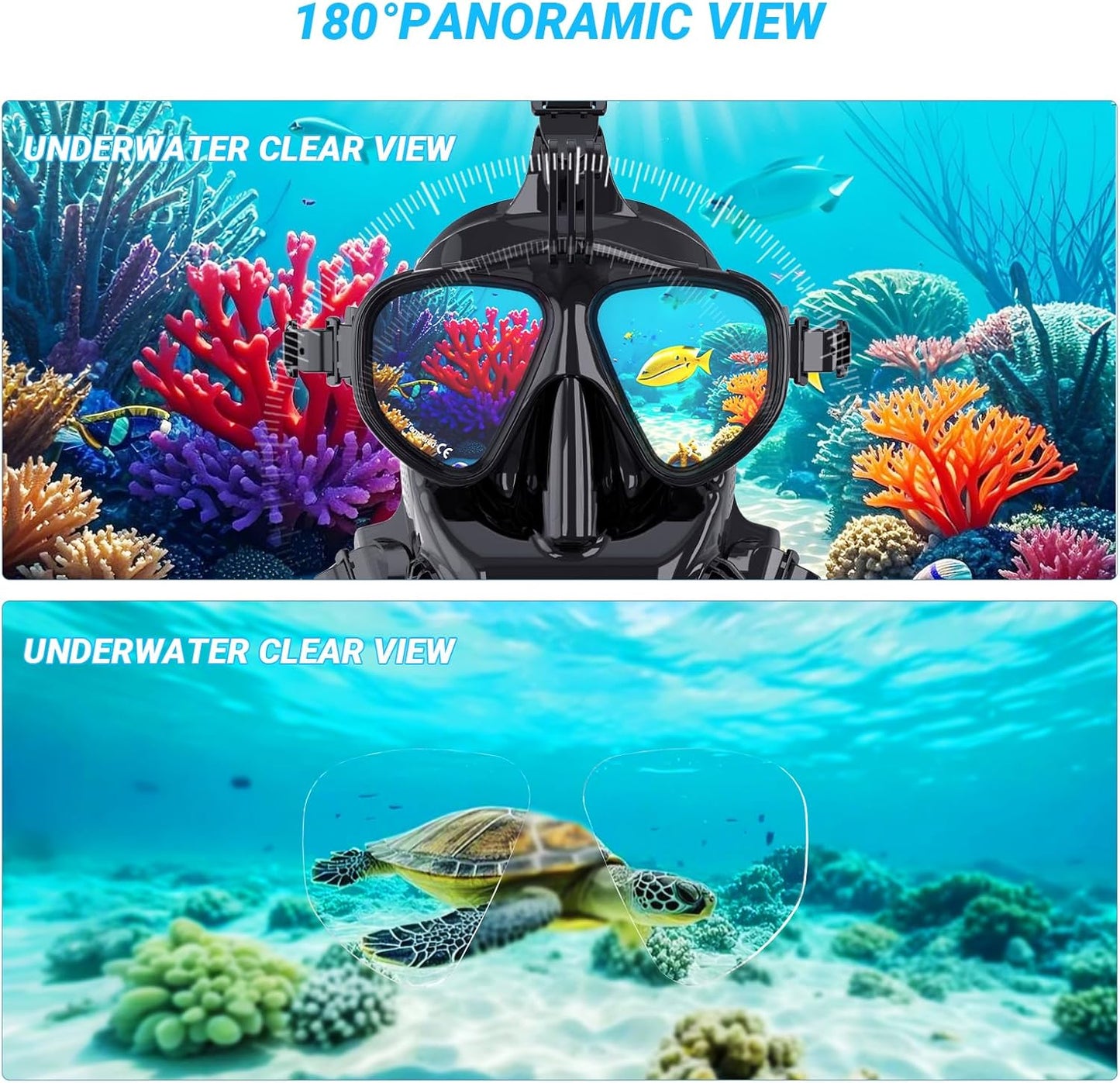 Full Face Dive Mask Support Diving & Snorkeling, Full Face Snorkel Mask Adjustable Scuba Mask with Camera Mount Provide 180° View Panoramic Compatiable with SMACO 1L/1.9L Mini Scuba Tanks