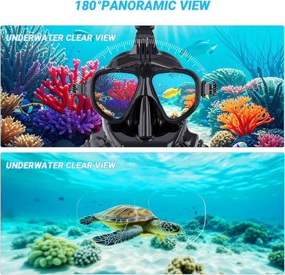 Full Face Dive Mask Support Diving & Snorkeling, Full Face Snorkel Mask Adjustable Scuba Mask with Camera Mount Provide 180° View Panoramic Compatiable with SMACO 1L/1.9L Mini Scuba Tanks